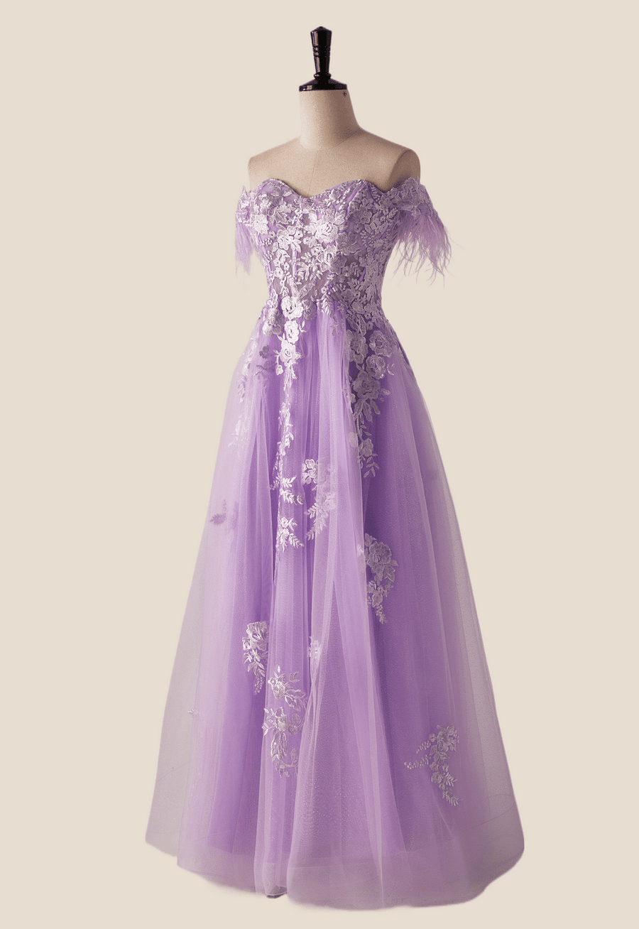 Off the Shoulder Lavender Lace Appliques Long Formal Dress