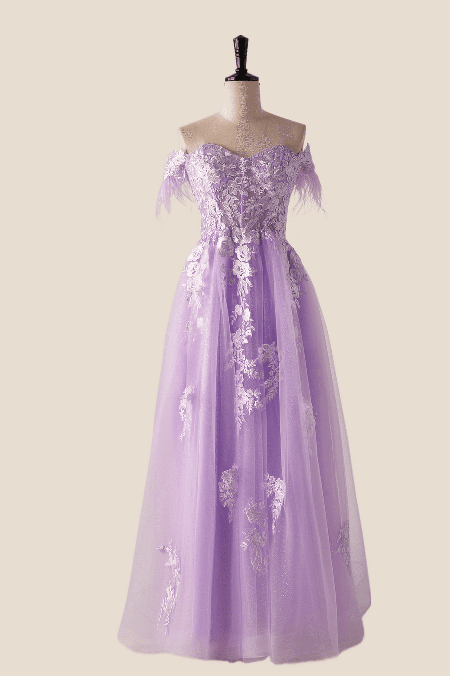 Off the Shoulder Lavender Lace Appliques Long Formal Dress