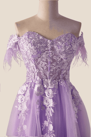 Off the Shoulder Lavender Lace Appliques Long Formal Dress