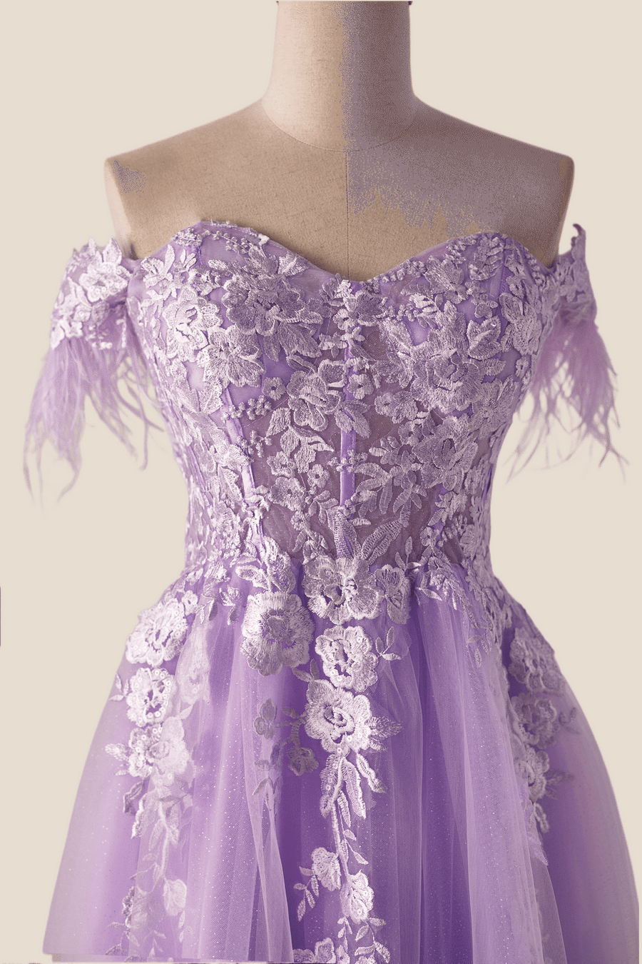 Off the Shoulder Lavender Lace Appliques Long Formal Dress