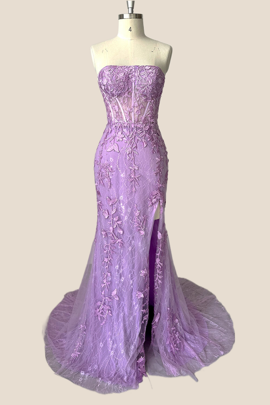 Strapless Lavender Lace Mermaid Long Party Dress