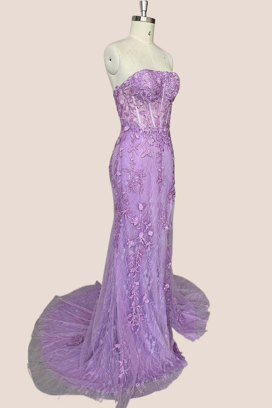 Strapless Lavender Lace Mermaid Long Party Dress