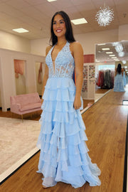 Halter Yellow Appliques Ruffle Long Dress