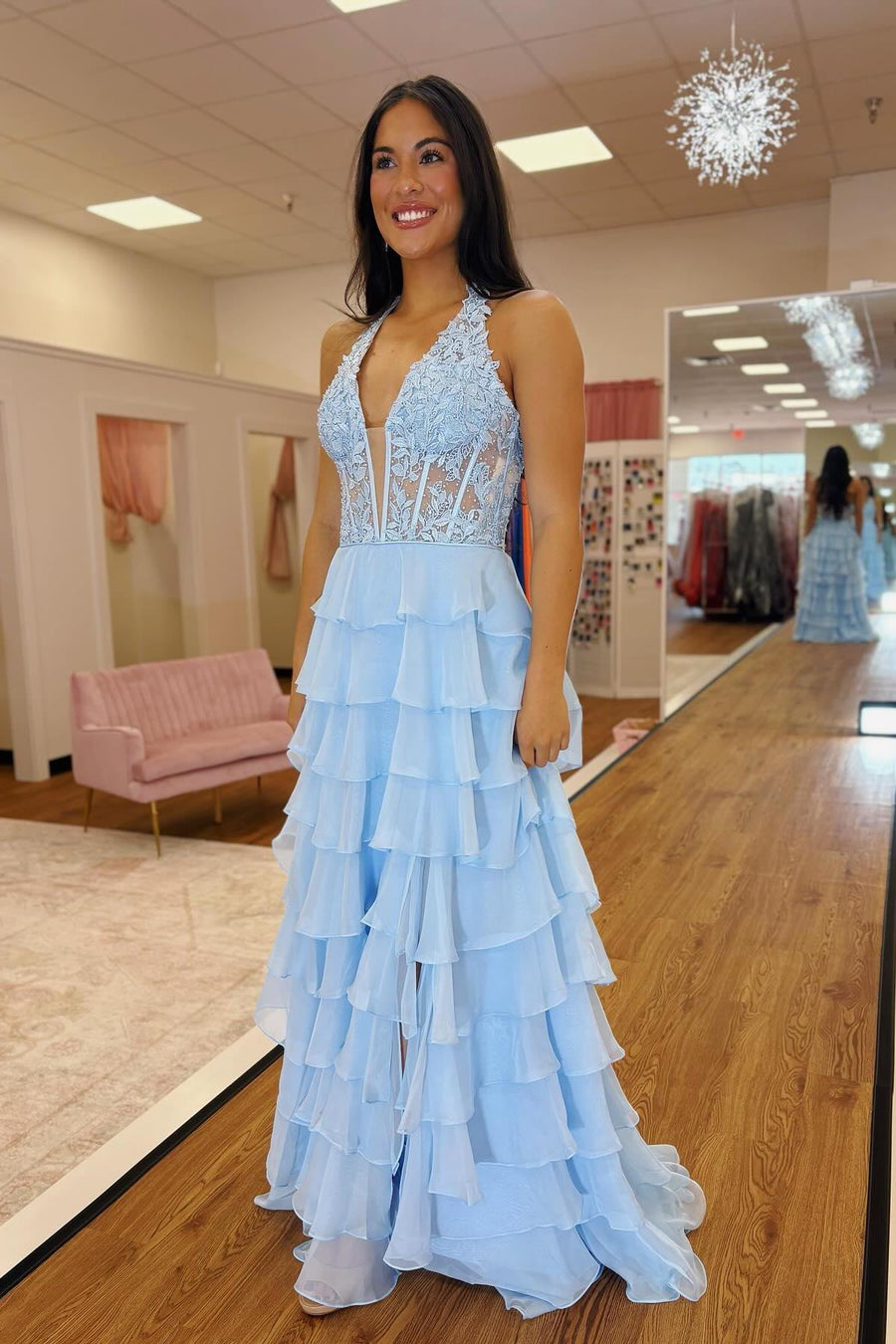 Halter Yellow Appliques Ruffle Long Dress