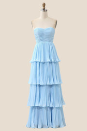 Strapless Sage Pleated Tiered Long Party Dress