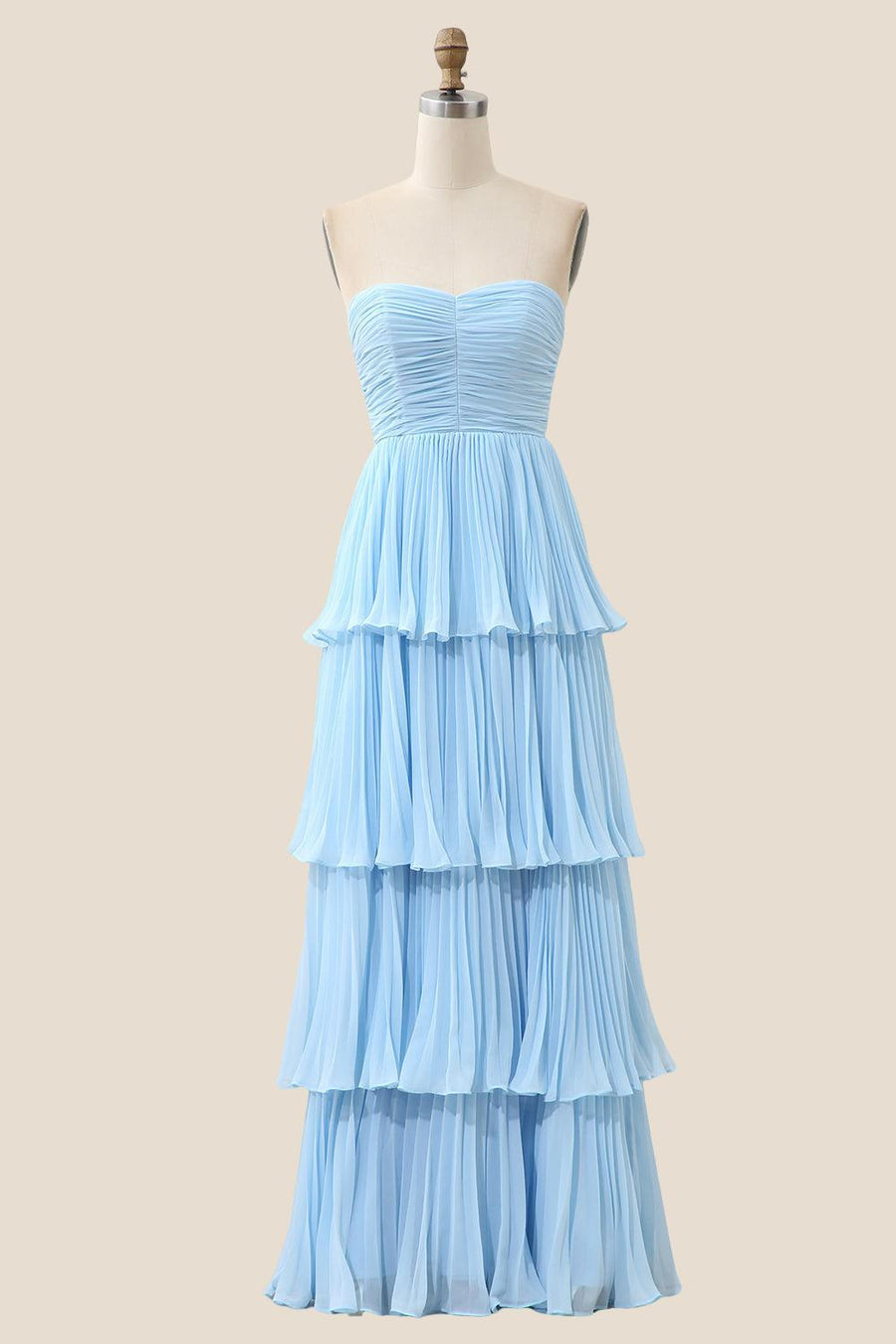 Strapless Sage Pleated Tiered Long Party Dress