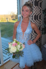 Halter Green Ruffle Short Dress with Appliques