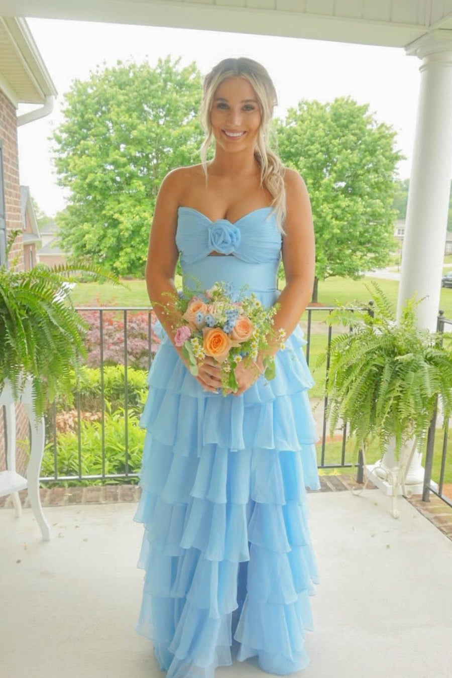 Strapless Hot Pink Rosette Tiered Long Dress