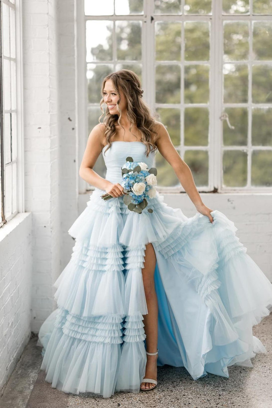 Strapless Periwinkle Tulle Tiered Formal Dress
