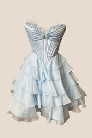 Appliques Neck Light Blue Corset Tiered Short Dress
