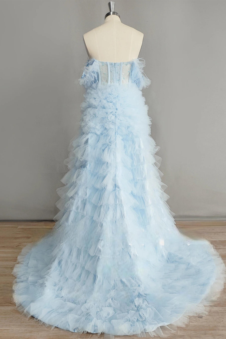 Off the Shoulder Pink Corset Tiered Ruffle Formal Gown