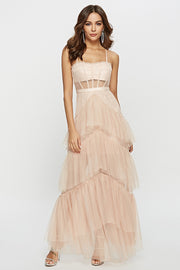 Straps Blush Tulle Ruffled Long Maxi Dress