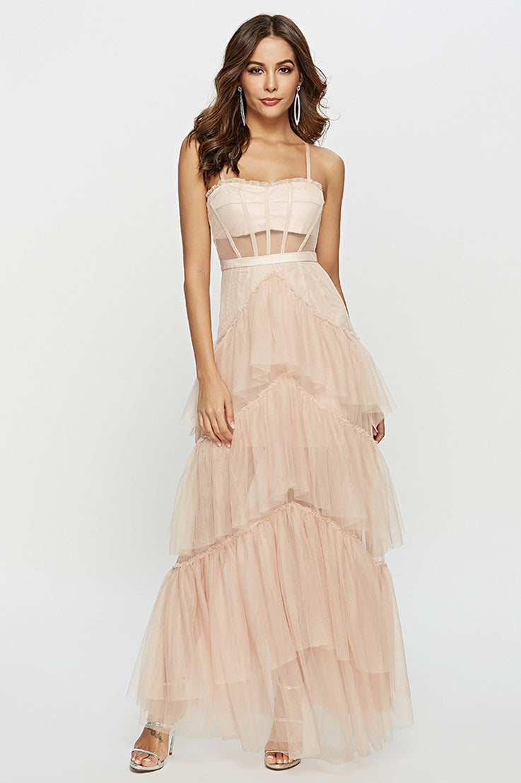 Straps Blush Tulle Ruffled Long Maxi Dress