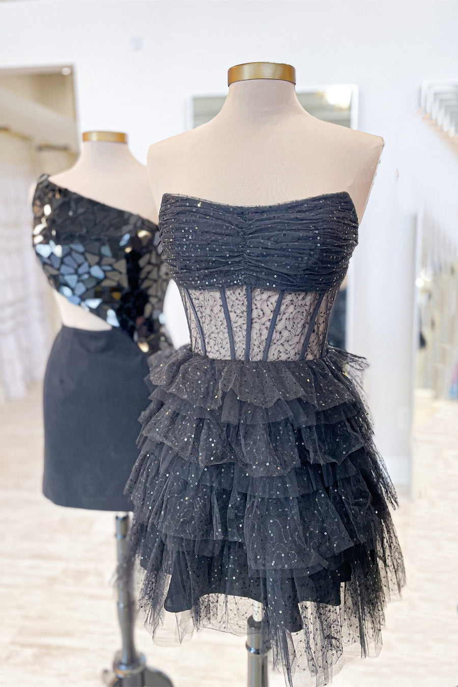 Strapless Black Illusion Ruffles A-line Short Dress