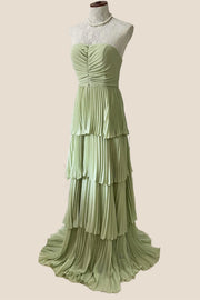 Sage Green Chiffon Pleated Chiffon Tiered Party Dress