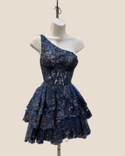 One Shoulder Black Appliques Ruffles Short Party Dress