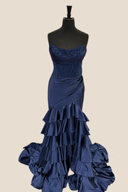 Strapless Lavender Appliques Satin Mermaid Ruffle Dress