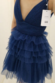 Straps Blue Tiered Ruffle Short A-line Homecoming Dress