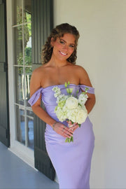 Off the Shoulder Orange Soft Satin Fitted Dress
