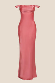 Off the Shoulder Orange Soft Satin Fitted Dress