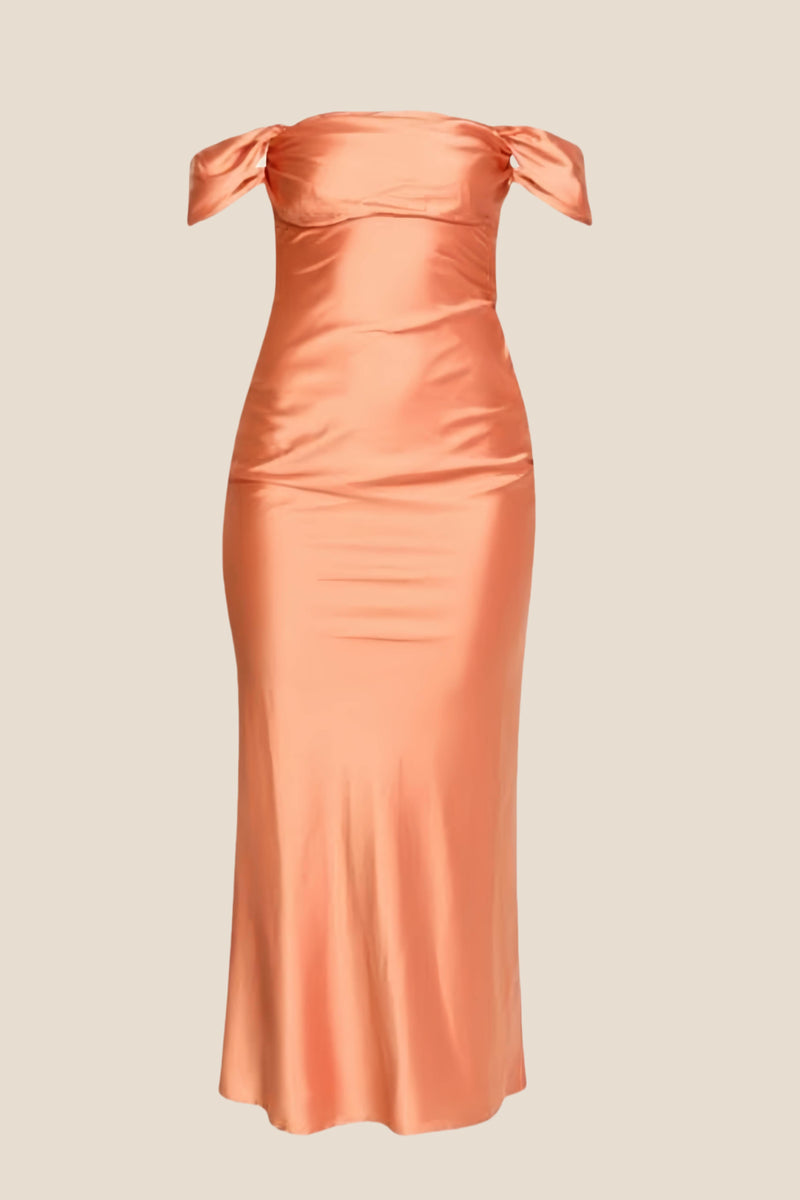 Off the Shoulder Coral Soft Satin Long Dress – Ohmollydress