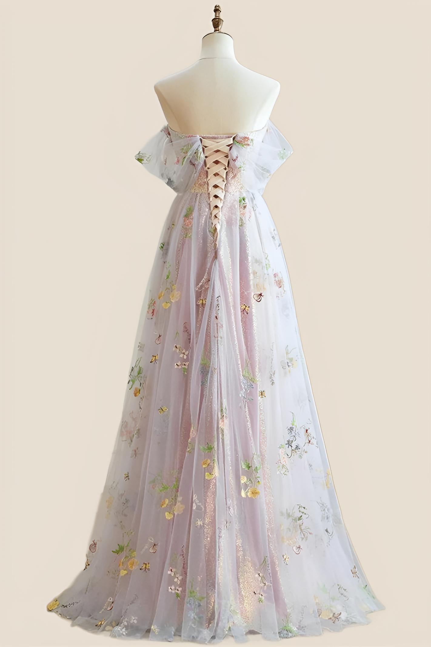 Off the Shoulder Pink Floral Tulle Princess Dress