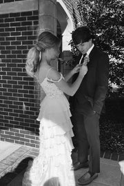 Straps Orange Appliques and Chiffon Ruffle Formal Dress