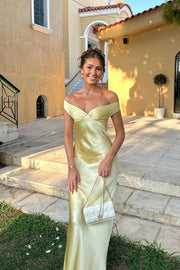 Off the Shoulder Yellow Soft Satin Fitted Dress