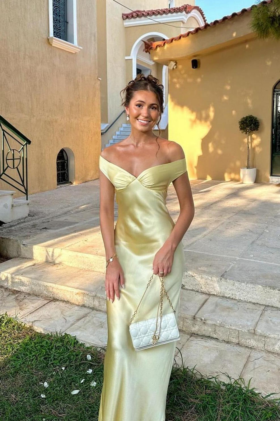 Off the Shoulder Yellow Soft Satin Fitted Dress