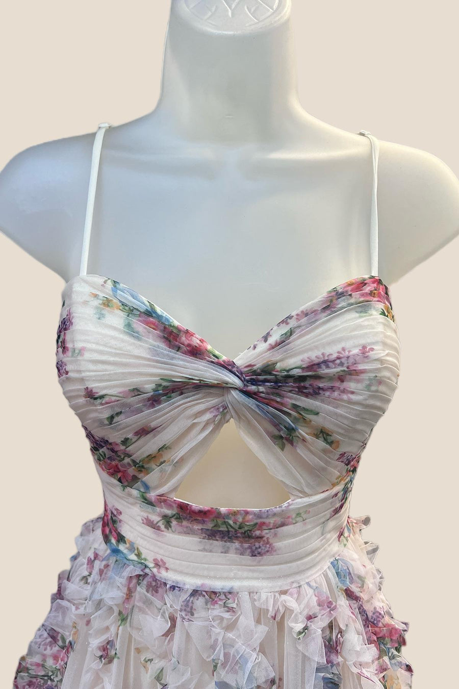 Twist Champagne Floral A-line Ruffle Gown