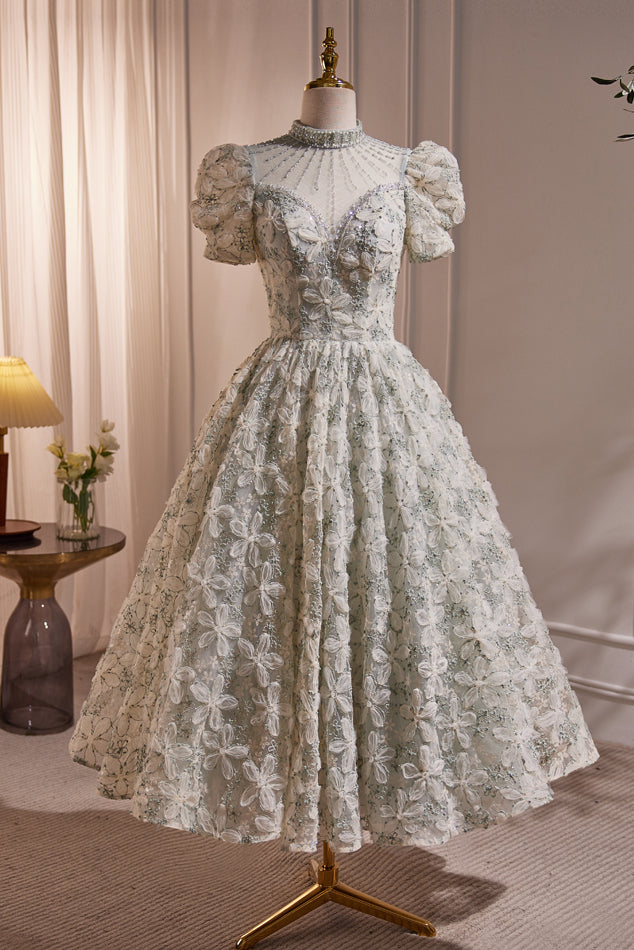 Beaded High Neck 3D Lace Light Green Party Dress  Ohmollydress