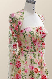 Strapless Floral Tea Length Dress with Jacket