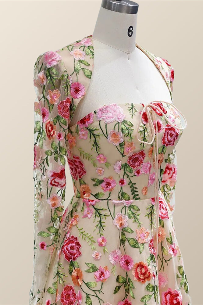 Strapless Floral Tea Length Dress with Jacket