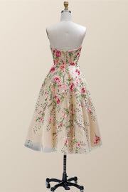 Strapless Floral Tea Length Dress with Jacket