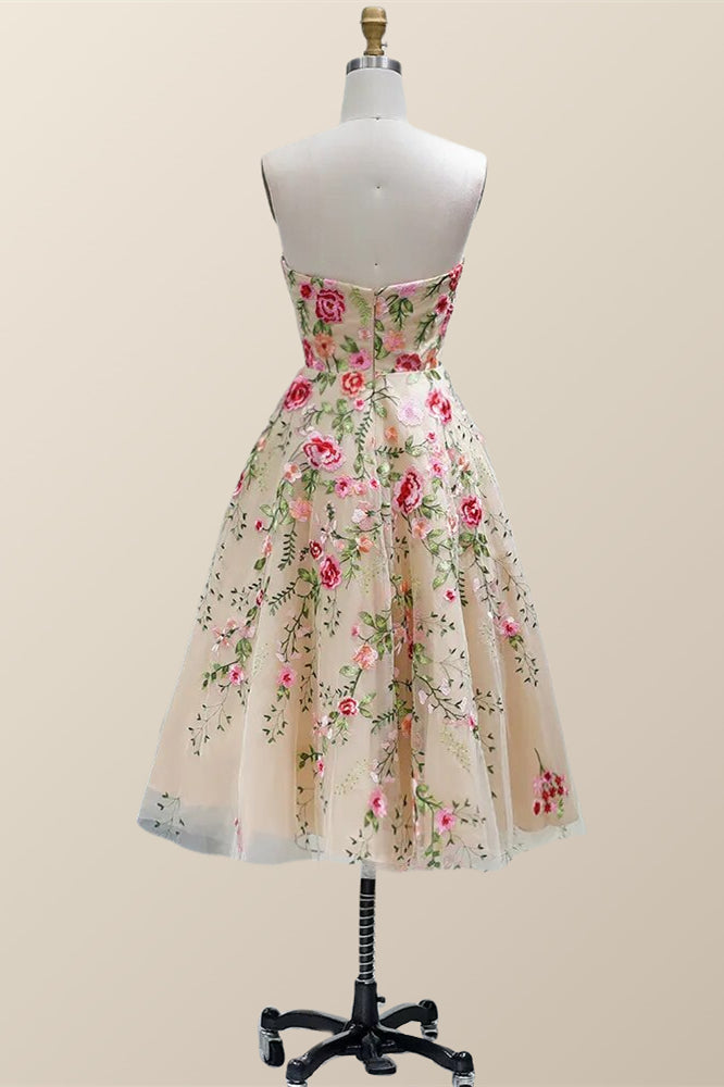 Strapless Floral Tea Length Dress with Jacket