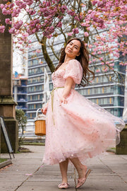 Pink Floral Embroidered Dress with Half Puffy Sleeves