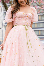 Pink Floral Embroidered Dress with Half Puffy Sleeves