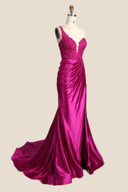 One Shoulder Red Appliques Ruched Mermaid Formal Dress