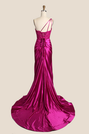 One Shoulder Red Appliques Ruched Mermaid Formal Dress