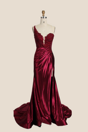 One Shoulder Red Appliques Ruched Mermaid Formal Dress