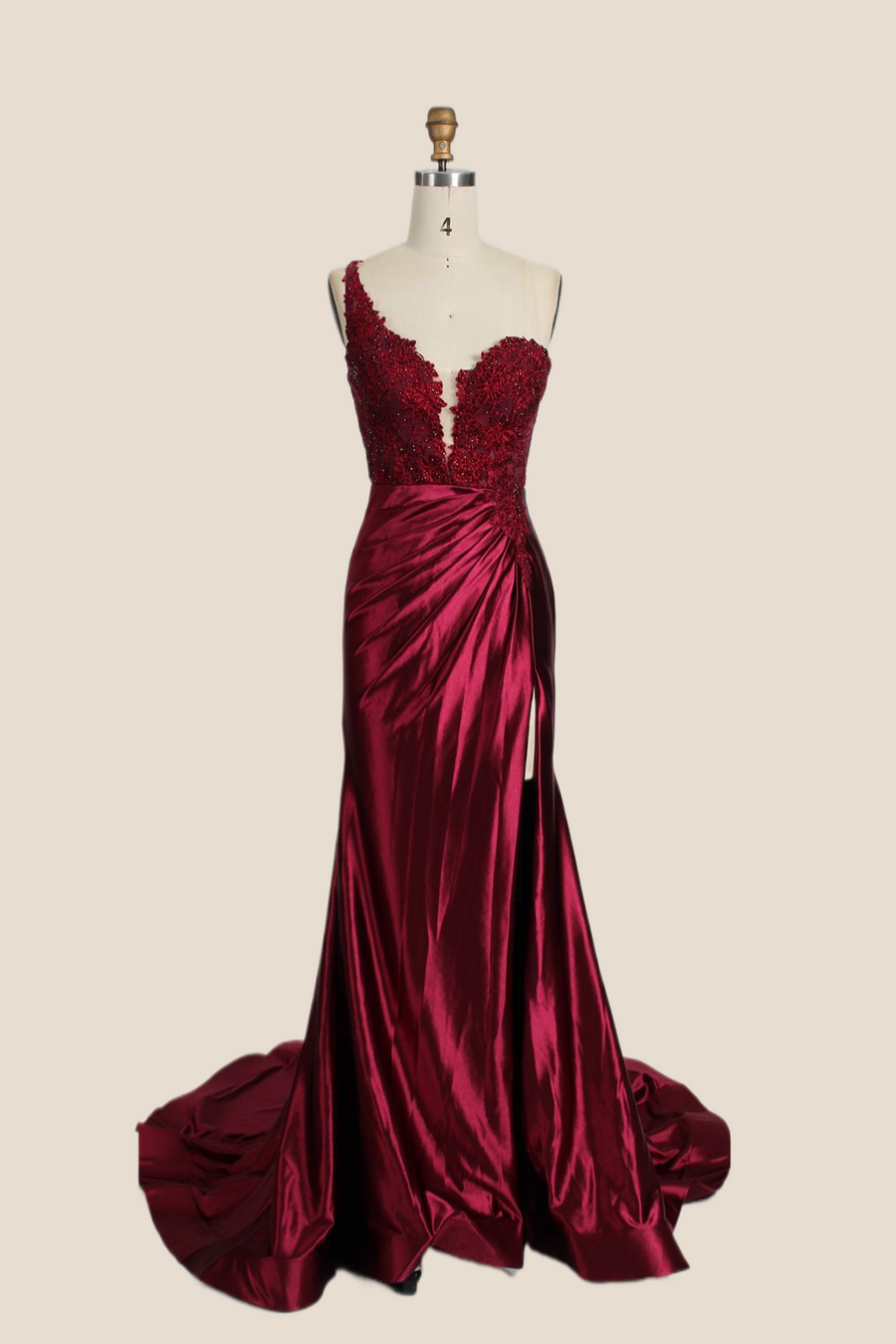 One Shoulder Red Appliques Ruched Mermaid Formal Dress