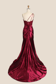 One Shoulder Red Appliques Ruched Mermaid Formal Dress