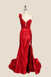 One Shoulder Red Appliques Ruched Mermaid Formal Dress