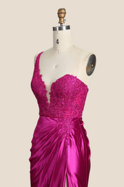 One Shoulder Red Appliques Ruched Mermaid Formal Dress