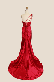 One Shoulder Red Appliques Ruched Mermaid Formal Dress