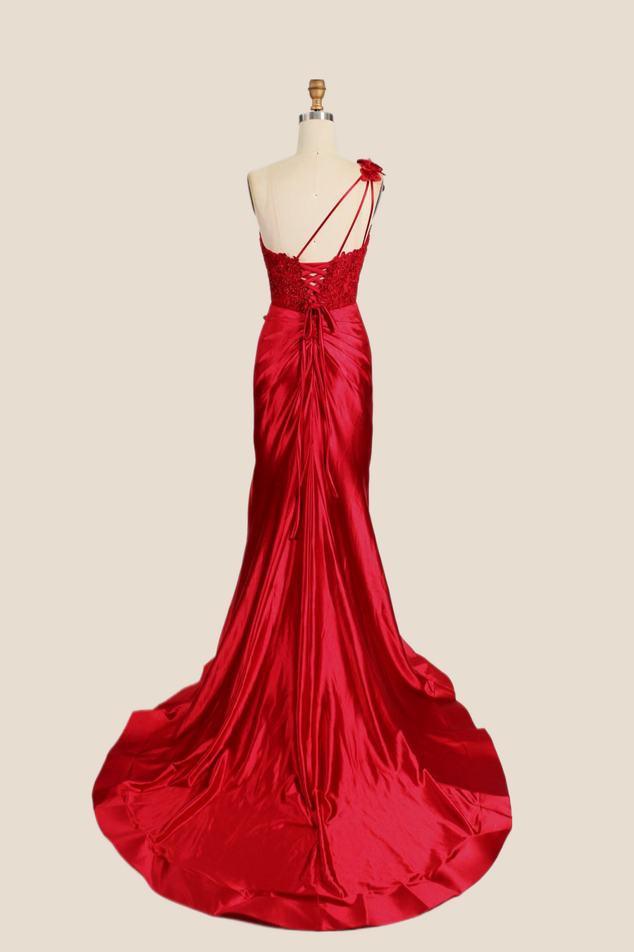 One Shoulder Red Appliques Ruched Mermaid Formal Dress