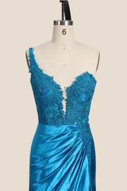 One Shoulder Red Appliques Ruched Mermaid Formal Dress