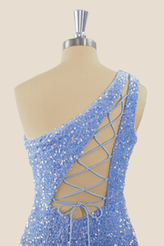 One Shoulder Light Blue Sequin Tight Mini Dress