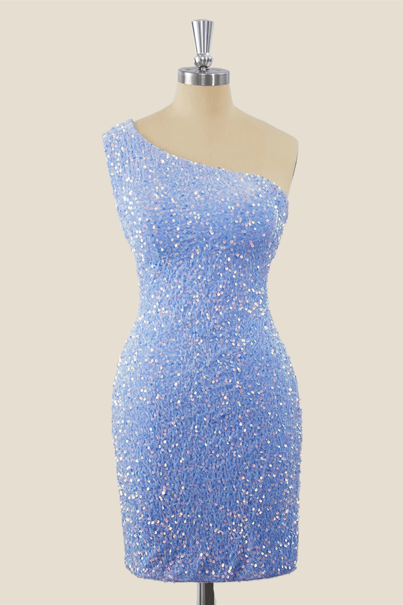One Shoulder Light Blue Sequin Tight Mini Dress
