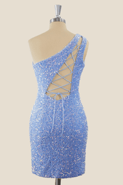 One Shoulder Light Blue Sequin Tight Mini Dress